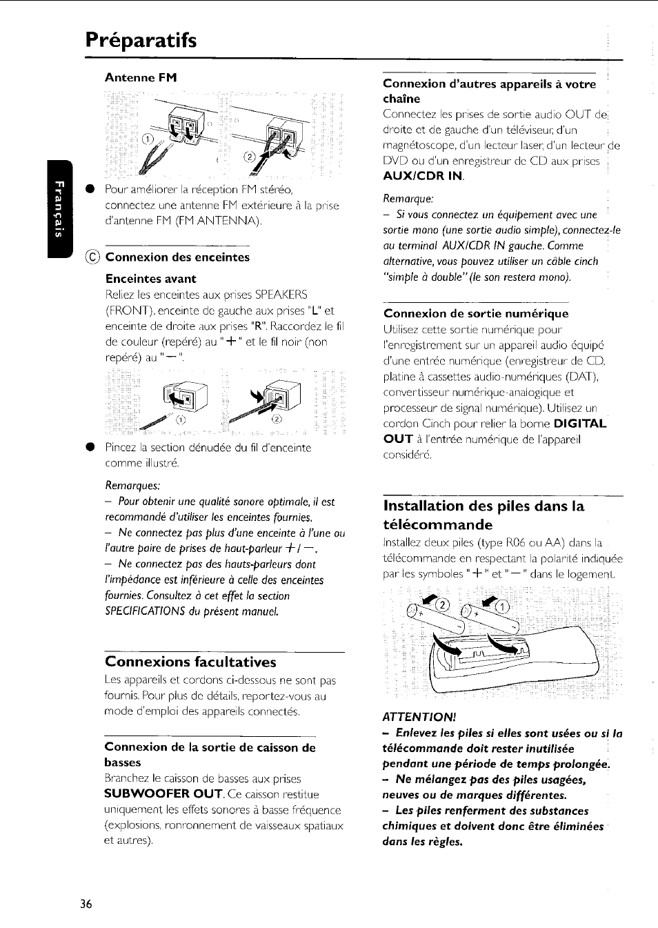 Préparatifs, Antenne fm, C) connexion des enceintes enceintes avant | Connexions facultatives, Connexion de la sortie de caisson de basses, Connexion d’autres appareils à votre chaîne, Connexion de sortie numérique, Installation des piles dans la télécommande, Instaliation des piies dans ia télécommande | Philips MC5037 User Manual | Page 36 / 84