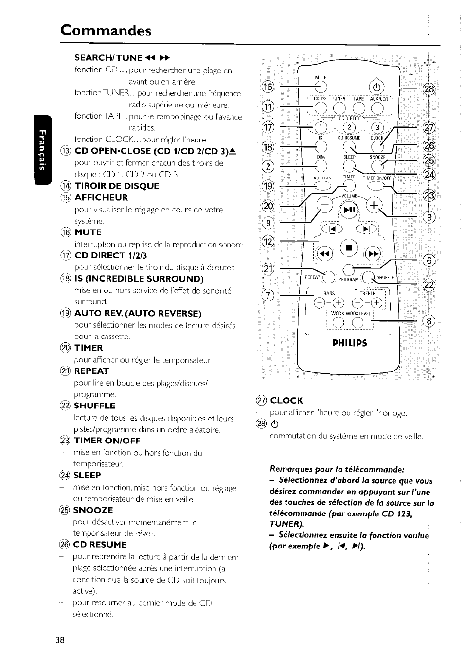 Commandes, Search/tune, G) tiroir de disque (g) afficheur | Mute, Cd direct 1/2/3, Is (incredible surround), Auto rev. (auto reverse), 2ö) timer, G) repeat, 22) shuffle | Philips MC5037 User Manual | Page 38 / 84