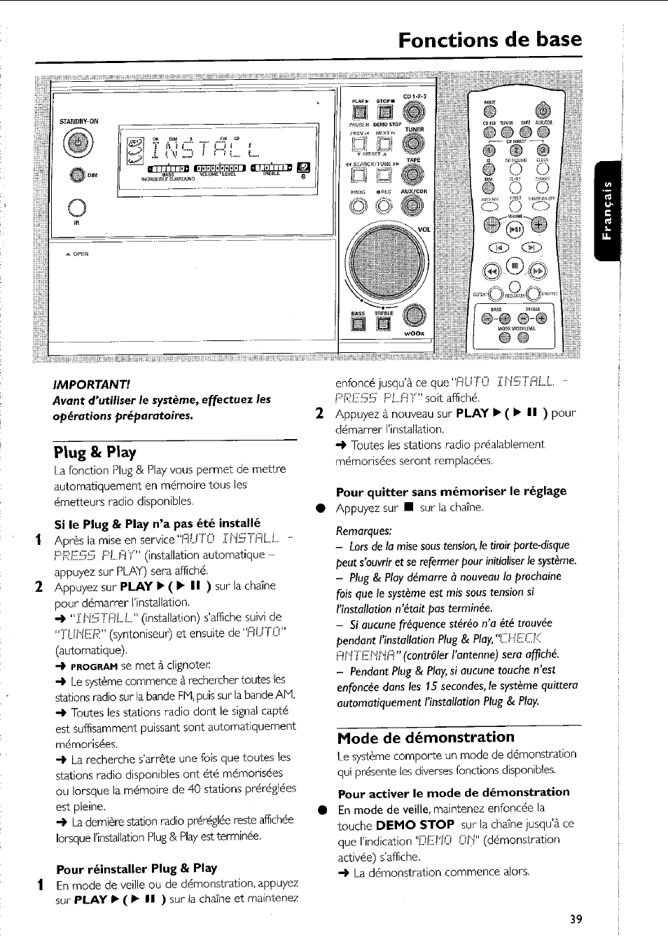 Pour réinstaller plug & play, Pour quitter sans mémoriser le réglage, Pour activer le mode de démonstration | Fonctions de base, Plug & play, Mode de démonstration | Philips MC5037 User Manual | Page 39 / 84