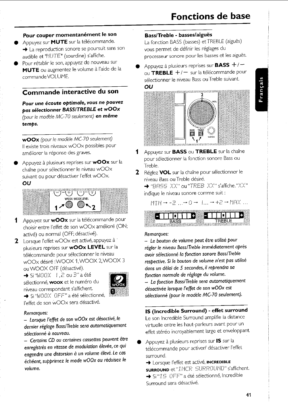 Pour couper momentanément le son, Bass/treble - basses/aiguës, Is (incredible surround) - effet surround | Fonctions de base, Hilh’inj a-'lil-lud, Commande interactive du son | Philips MC5037 User Manual | Page 41 / 84