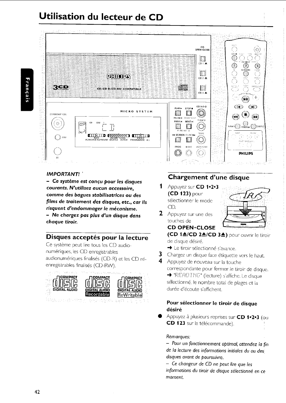 Disques acceptés pour la lecture, Chargement d’une disque, Pour sélectionner le tiroir de disque désiré | Utilisation du lecteur de cd, É§e êmiïe | Philips MC5037 User Manual | Page 42 / 84