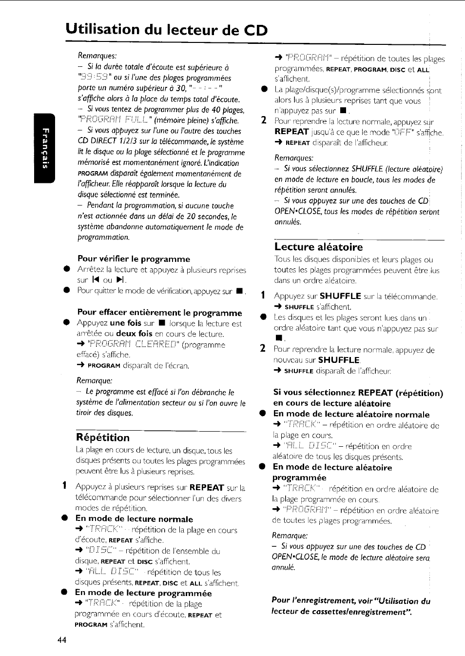 Pour vérifier le programme, Pour effacer entièrement le programme, En mode de lecture normale | 9 en mode de iecture aiéatoire programmée, Utilisation du lecteur de cd, Répétition, Lecture aléatoire | Philips MC5037 User Manual | Page 44 / 84