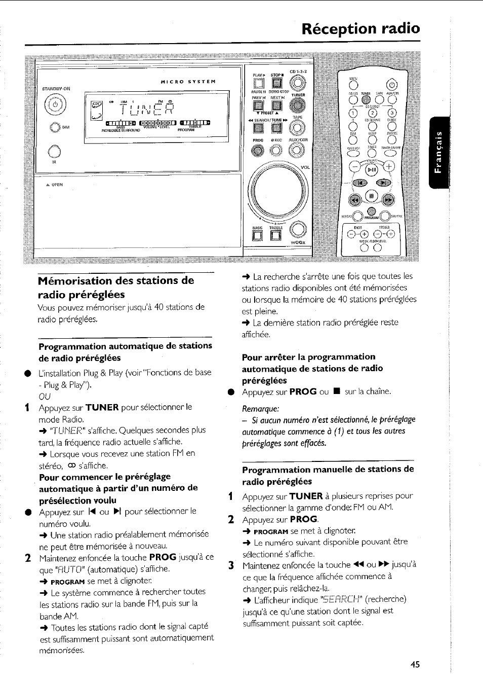 Réception radío, Mémorisation des stations de radio préréglées | Philips MC5037 User Manual | Page 45 / 84