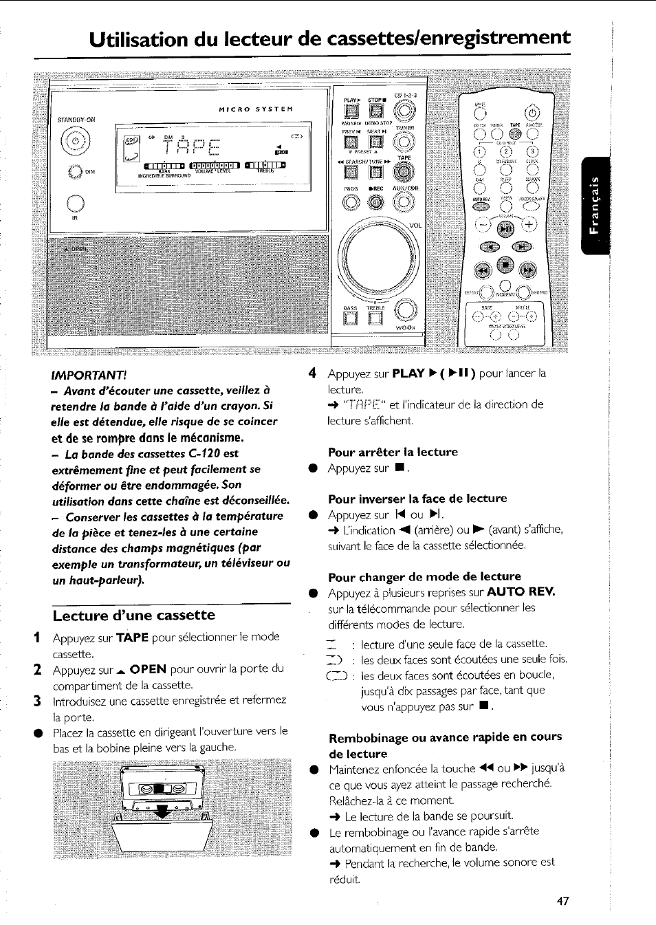 Pour arrêter la lecture, Pour inverser la face de lecture, Pour changer de mode de lecture | Rembobinage ou avance rapide en cours de lecture, Utilisation du lecteur de cassettes/enregistrement, Lecture d’une cassette | Philips MC5037 User Manual | Page 47 / 84