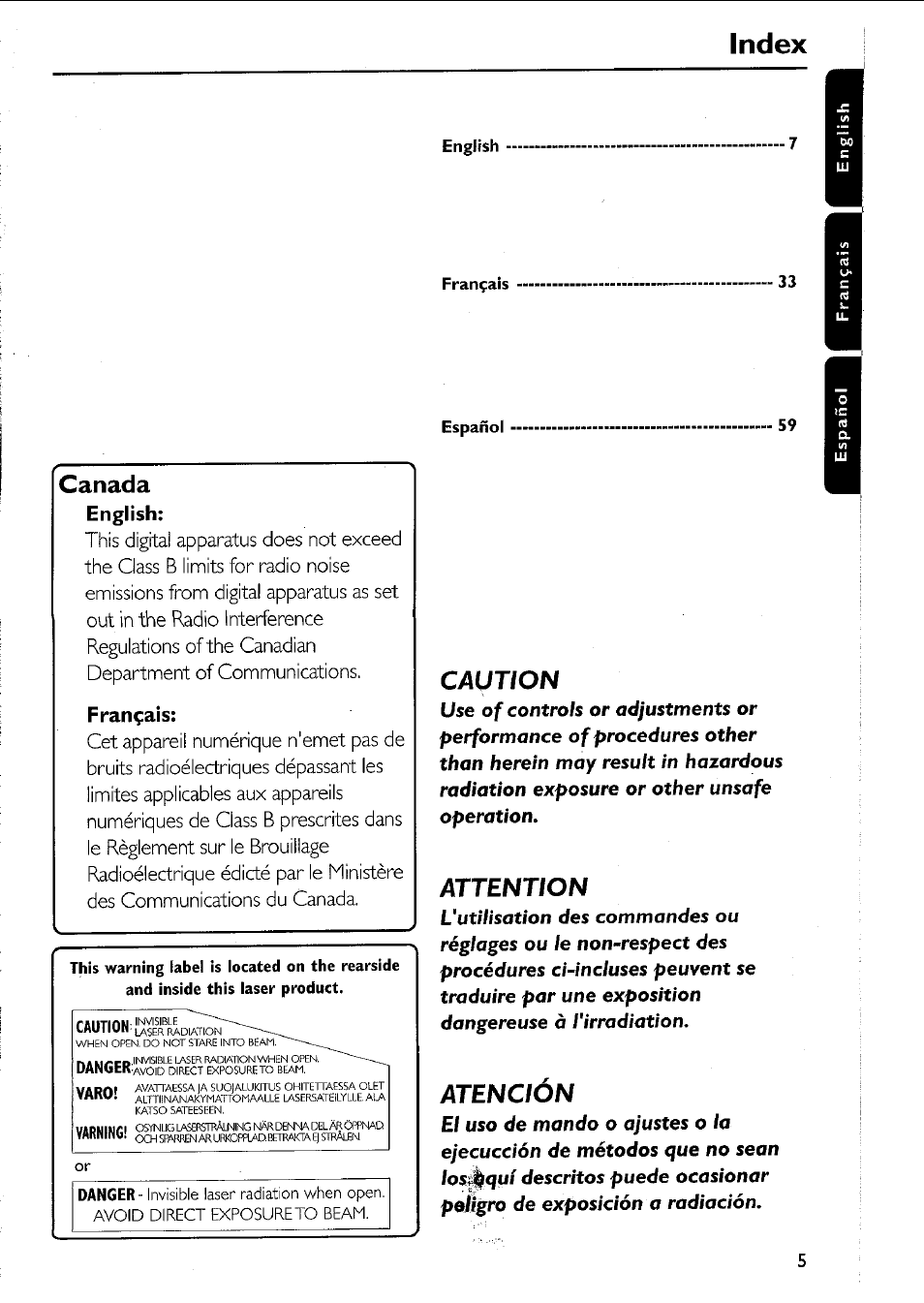 Caution, Attention, Atención | Index, Canada, English, Français | Philips MC5037 User Manual | Page 5 / 84