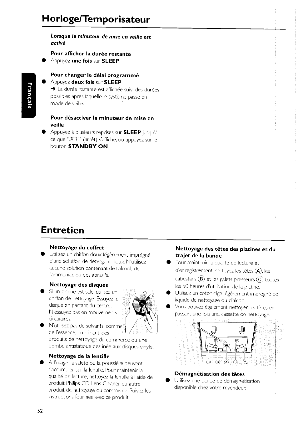 Pour désactiver le minuteur de mise en veille, Entretien, Nettoyage du coffret | Démagnétisation des têtes, Horloge/temporisateur | Philips MC5037 User Manual | Page 52 / 84