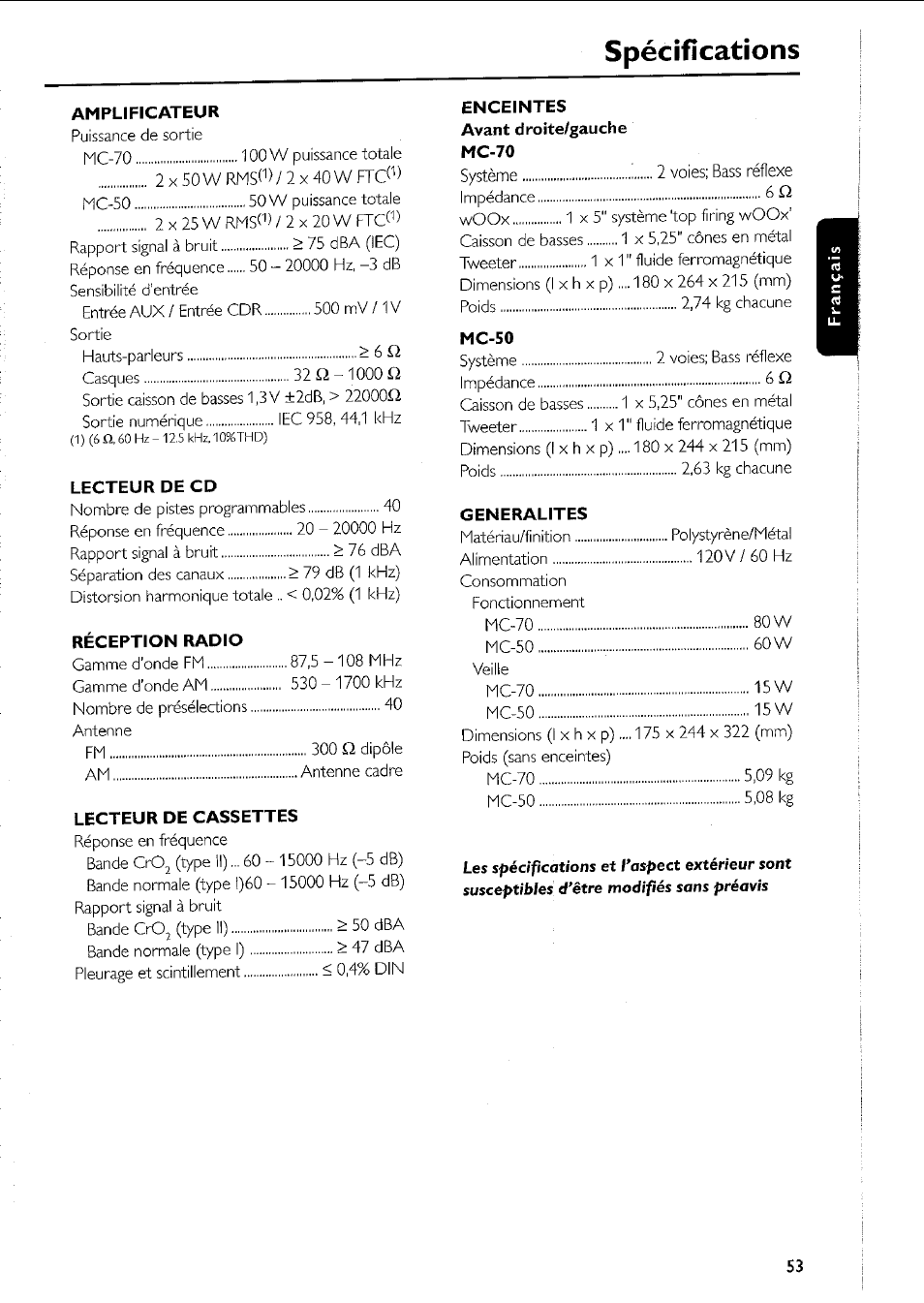 Spécifications | Philips MC5037 User Manual | Page 53 / 84