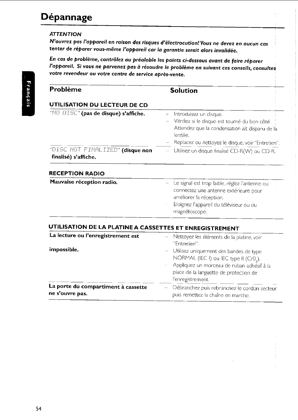 Dépannage, Problème, Utilisation du lecteur de cd | Disque non, Reception radio, La porte du compartiment à cassette ne s’ouvre pas, Problème solution | Philips MC5037 User Manual | Page 54 / 84