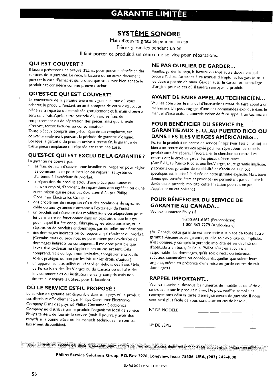 Qui est couvert, Qu’est-ce qui est couvert, Qu’est-ce qui est exclu de la garantie | Où le service est-il proposé, Ne pas oublier de garder, Avant de faire appel au technicien, Pour bénéficier du service de garantie au canada, Rappel important, Garantie limitee, Systeme sonore | Philips MC5037 User Manual | Page 56 / 84