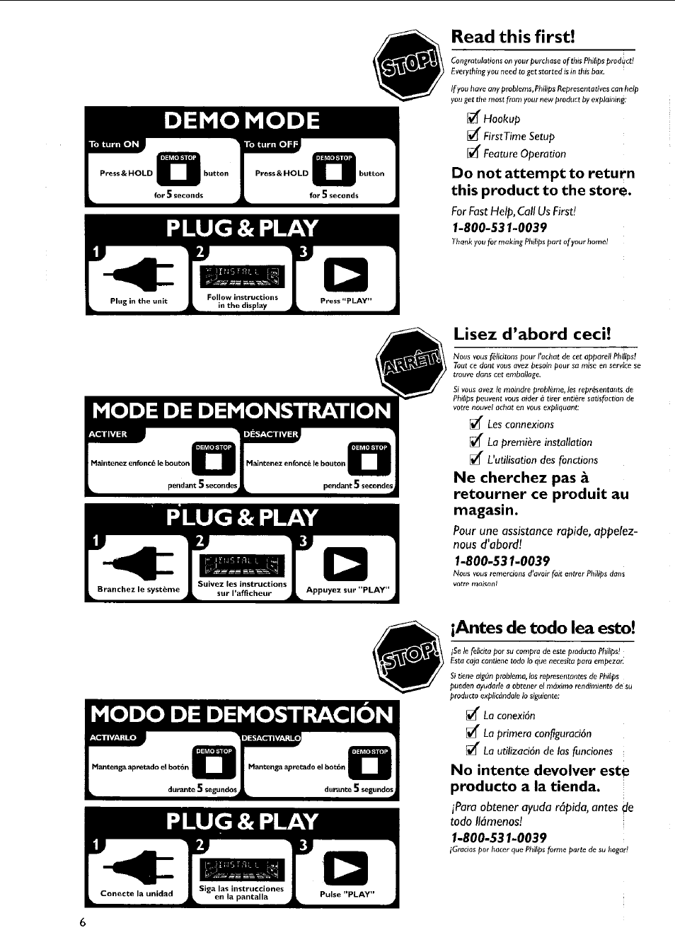 Do not attempt to return this product to the store, Ne cherchez pas à retourner ce produit au magasin, No intente devolver este producto a la tienda | Plug & play, Modo de demostracion, Plug&play, Read this first, Lisez d’abord ceci, Antes de todo lea esto | Philips MC5037 User Manual | Page 6 / 84