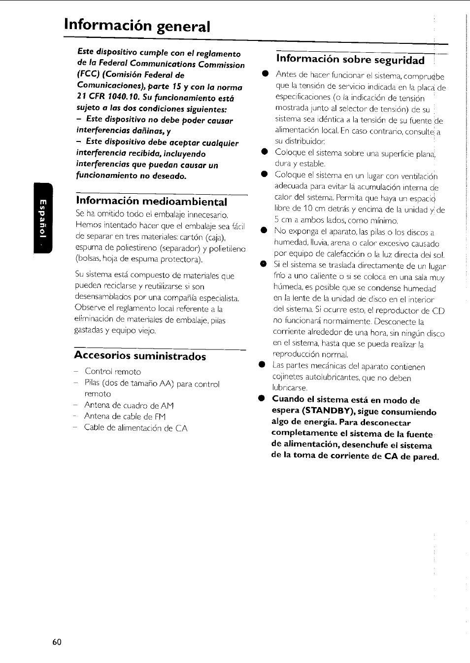 Información general, Información medioambiental, Accesorios suministrados | Información sobre seguridad | Philips MC5037 User Manual | Page 60 / 84