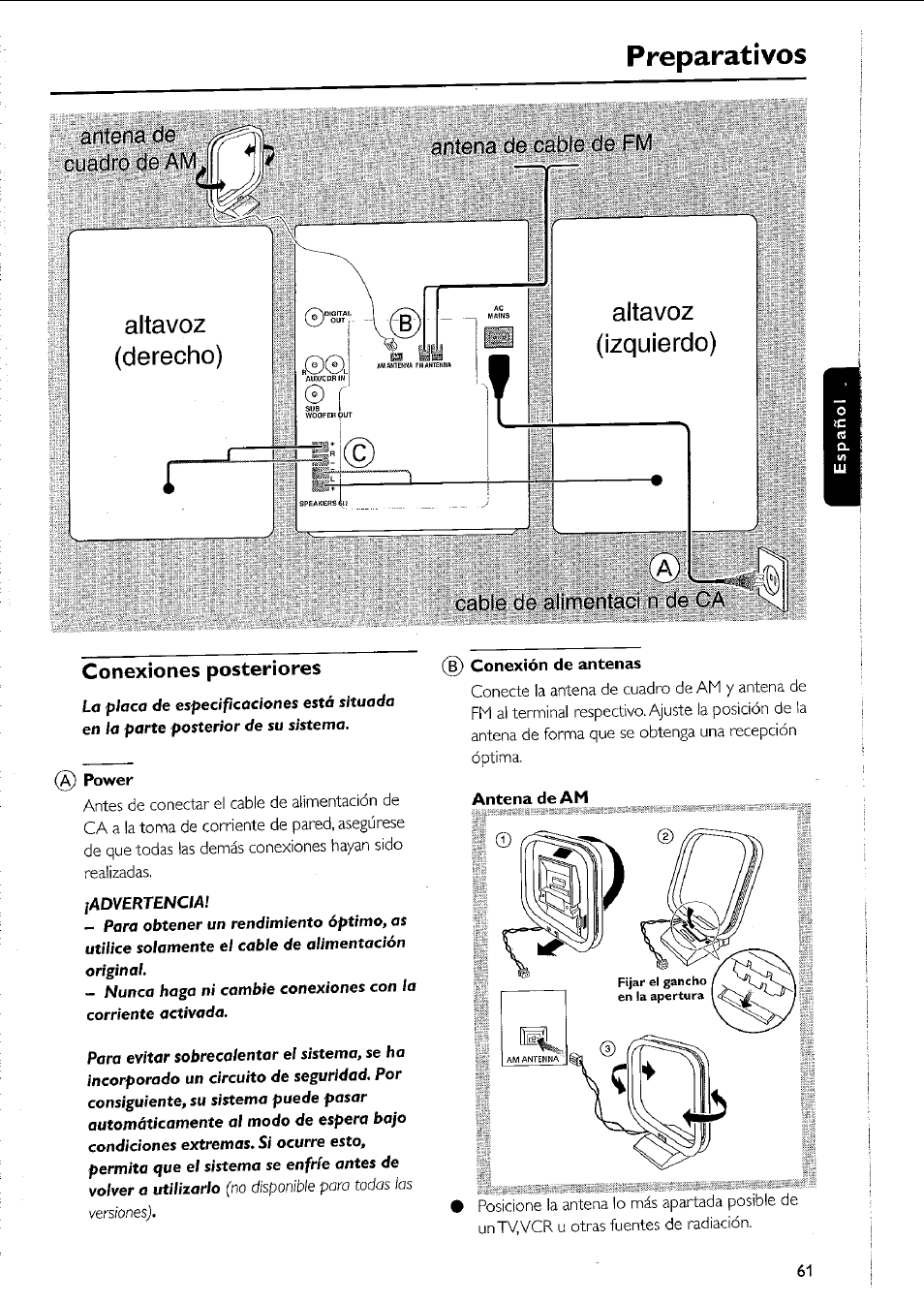 Preparativos, Conexiones posteriores, Conexiones posteriores -62 | Philips MC5037 User Manual | Page 61 / 84