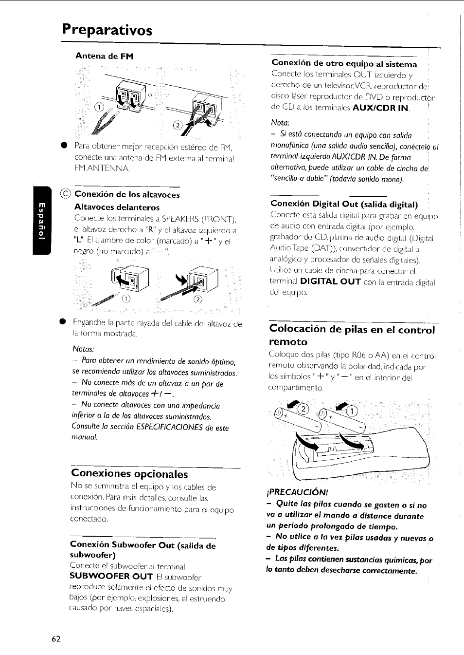 Preparativos, Antena de fm, Conexión de los altavoces altavoces delanteros | Conexión de otro equipo al sistema, Conexión digital out (salida digital), Conexiones opcionales, Conexión subwoofer out (salida de subwoofer), Colocación de pilas en el control remoto, Precaucion | Philips MC5037 User Manual | Page 62 / 84