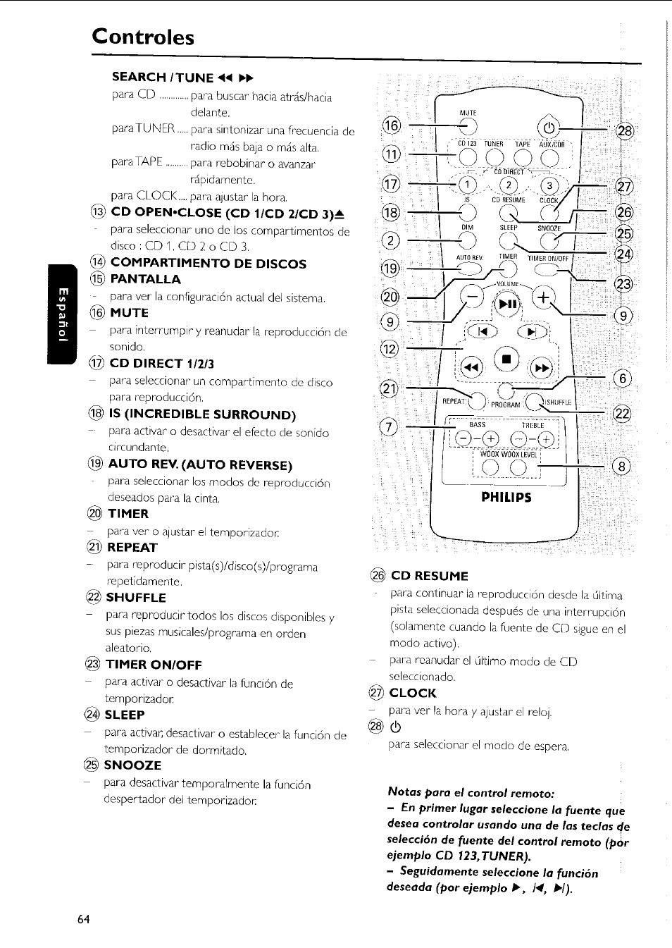 Controles, Search /tune, Cd open-close (cd 1/cd 2/cd 3)a | Mute, Cd direct 1/2/3, Is (incredible surround), Auto rev. (auto reverse), Timer, Repeat, Shuffle | Philips MC5037 User Manual | Page 64 / 84