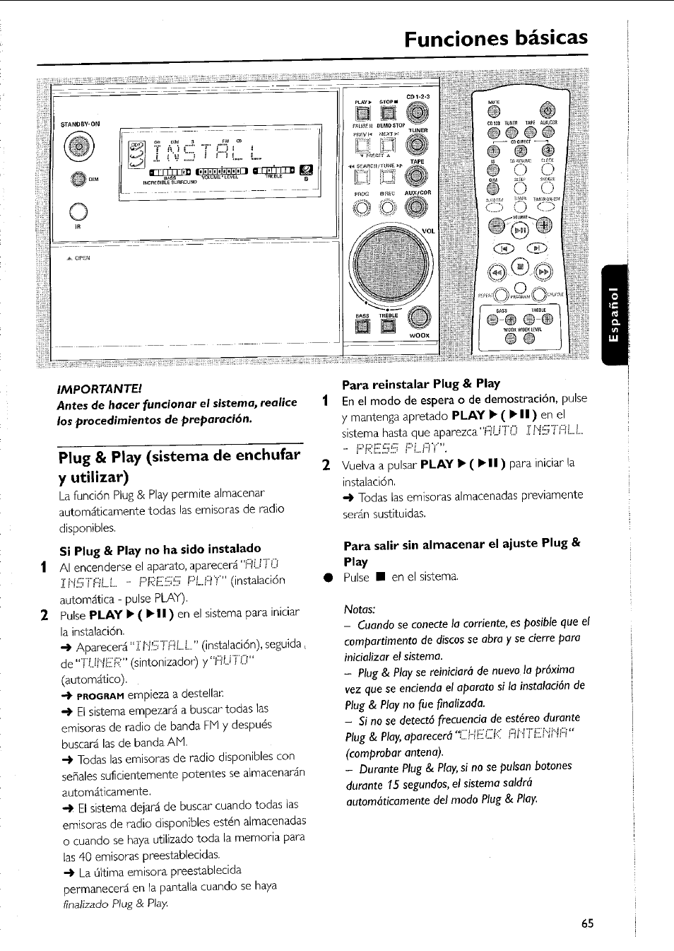 Plug & play (sistema de enchufar y utilizar), Para reinstalar plug & play, Para salir sin almacenar el ajuste plug & play | Funciones básicas | Philips MC5037 User Manual | Page 65 / 84