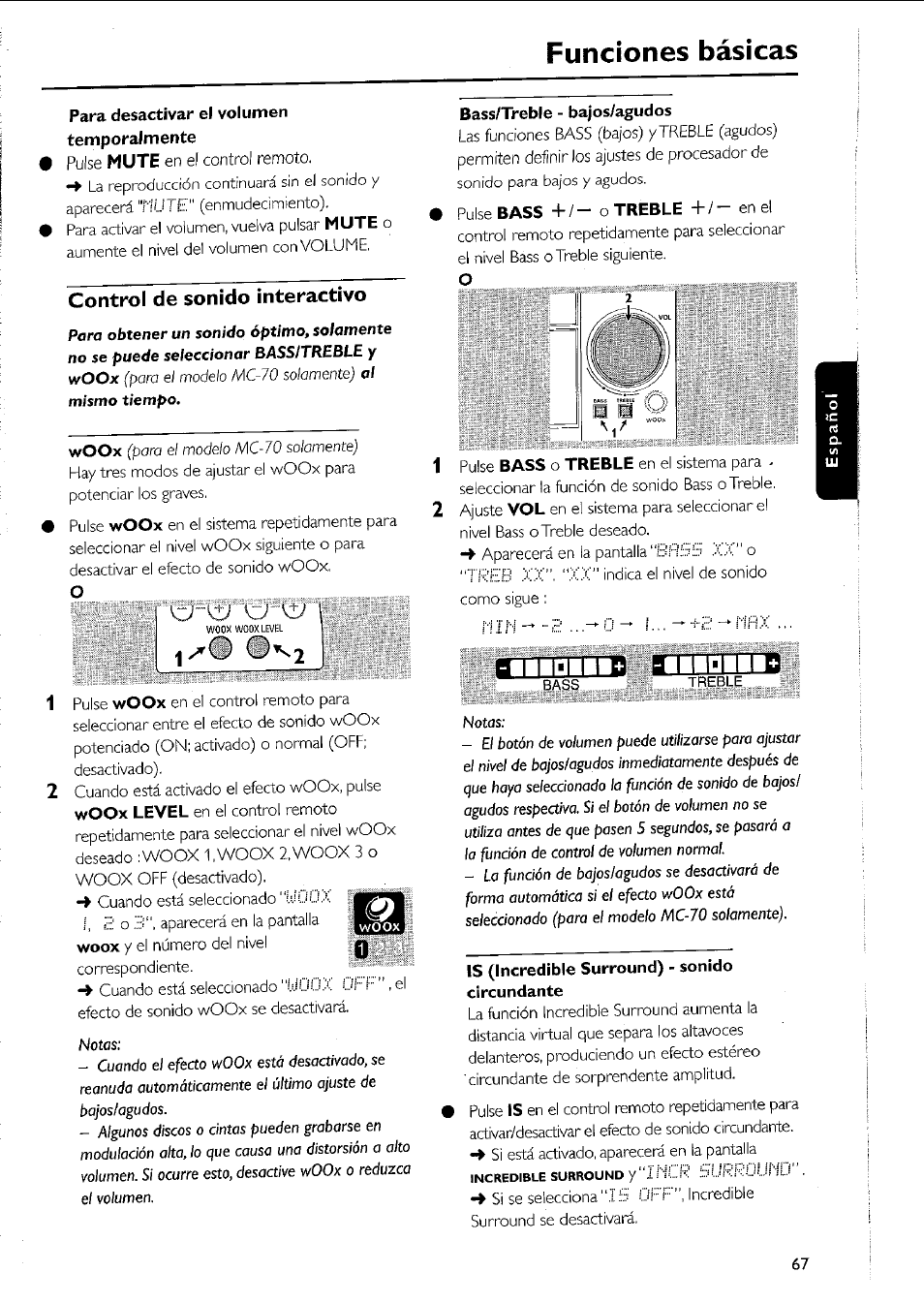 Para desactivar el volumen temporalmente, Control de sonido interactivo, Bass/treble - bajos/agudos | Is (incredible surround) - sonido circundante, Jì a, Funciones básicas | Philips MC5037 User Manual | Page 67 / 84