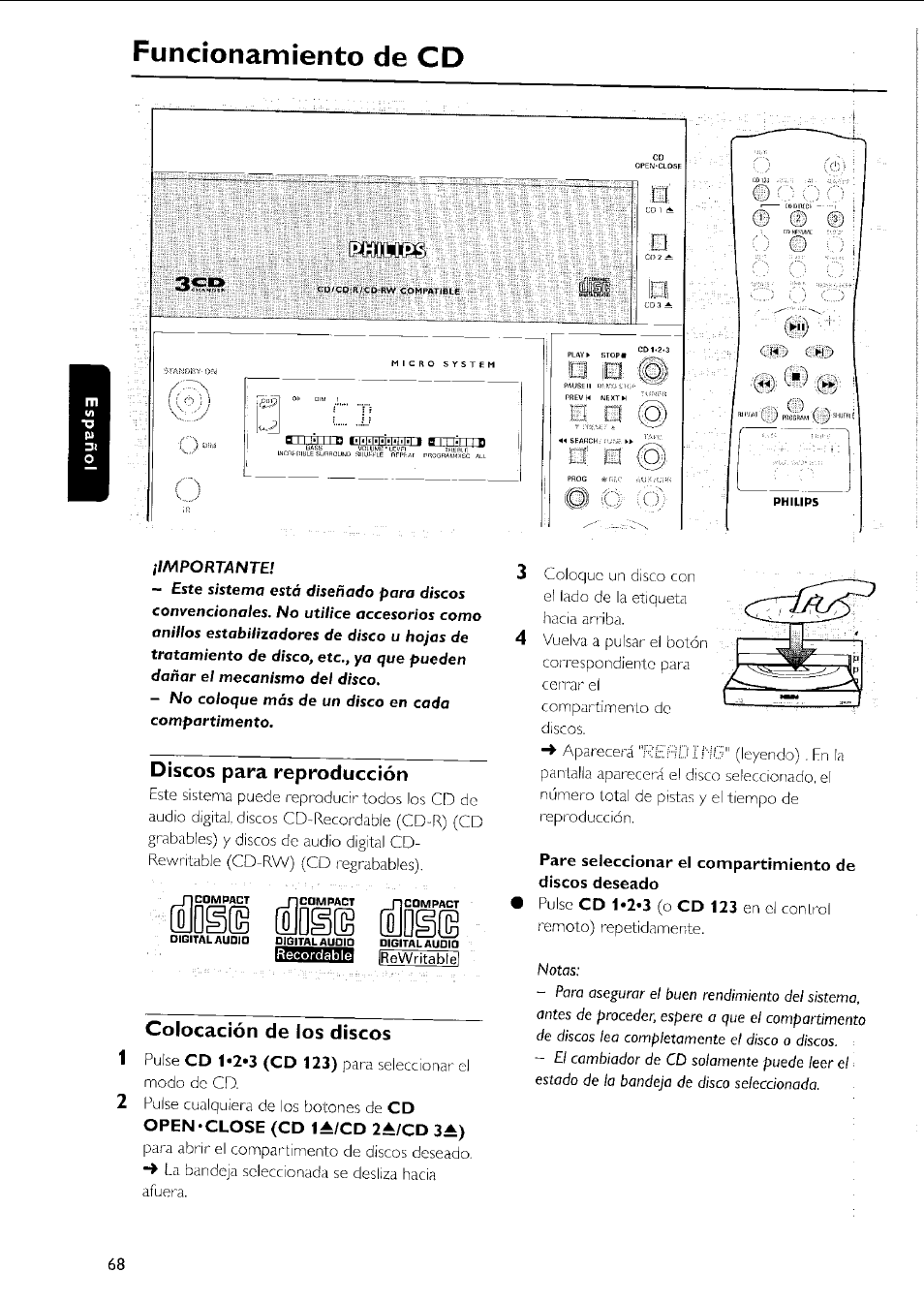 Discos para reproducción, Colocación de los discos, Lld§(g | Funcionamiento de cd | Philips MC5037 User Manual | Page 68 / 84