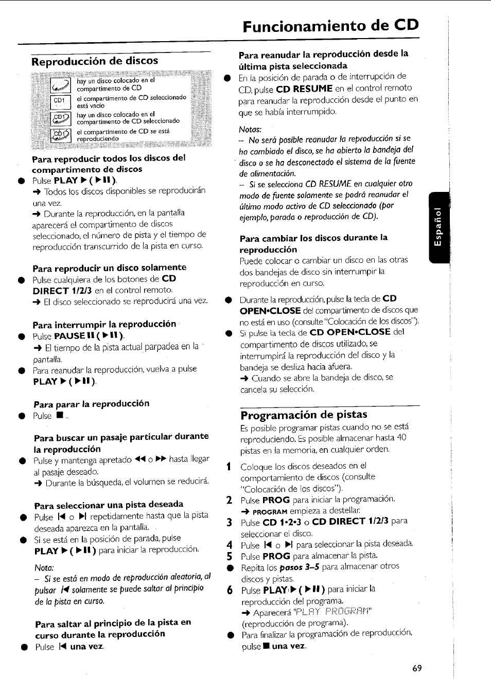 Reproducción de discos, Programación de pistas, Programación de pistas -70 | Funcionamiento de cd | Philips MC5037 User Manual | Page 69 / 84