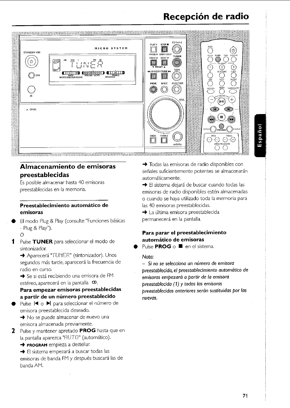 Recepción de radio, Almacenamiento de emisoras preestablecidas, Preestablecimiento automático de emisoras | Philips MC5037 User Manual | Page 71 / 84