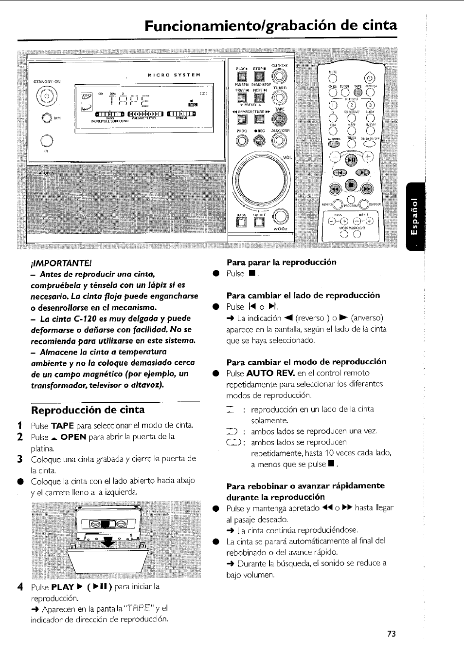 Para parar la reproducción, Para cambiar el lado de reproducción, Para cambiar el modo de reproducción | Funcionamiento/grabacíón de cinta, Reproducción de cinta | Philips MC5037 User Manual | Page 73 / 84