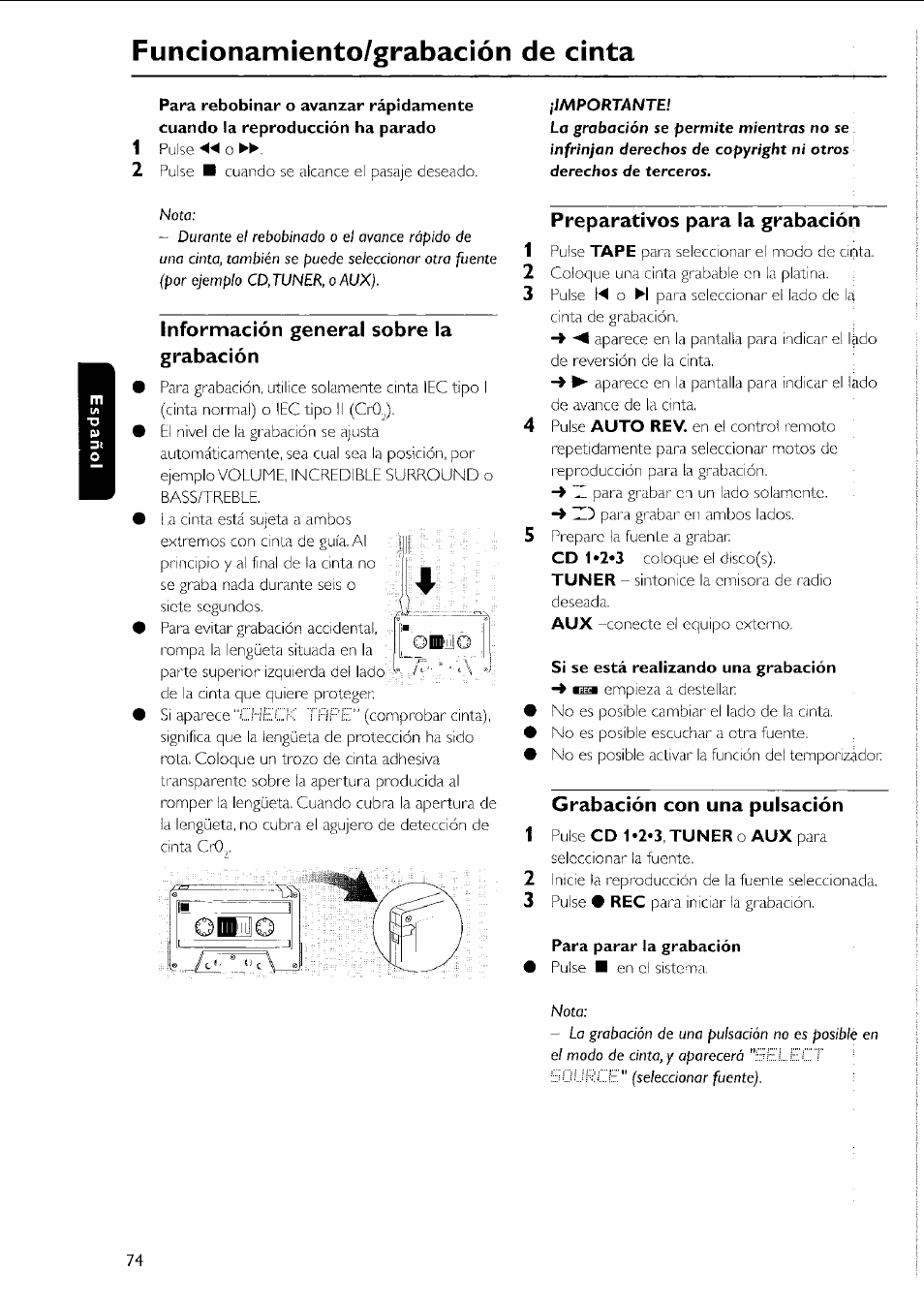 Información general sobre la grabación, Preparativos para la grabación, Si se está realizando una grabación | Grabación con una pulsación, Para parar la grabación, Funcionamíento/grabación de cinta | Philips MC5037 User Manual | Page 74 / 84