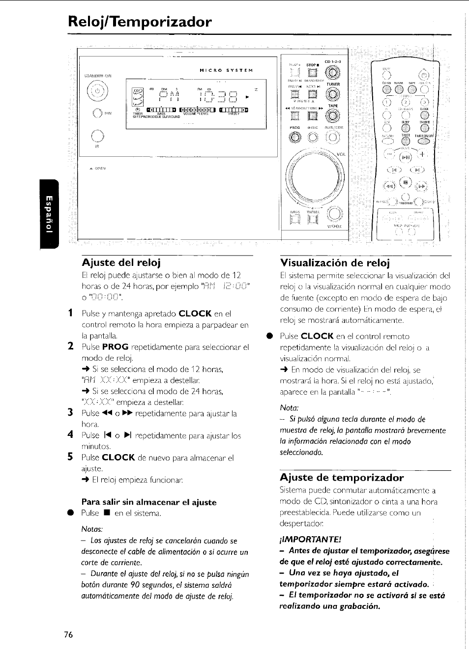 Ajuste del reloj, Para salir sin almacenar el ajuste, Visualización de reloj | Ajuste de temporizador, Ajuste del temporizador -77, Relojvtemporízador | Philips MC5037 User Manual | Page 76 / 84