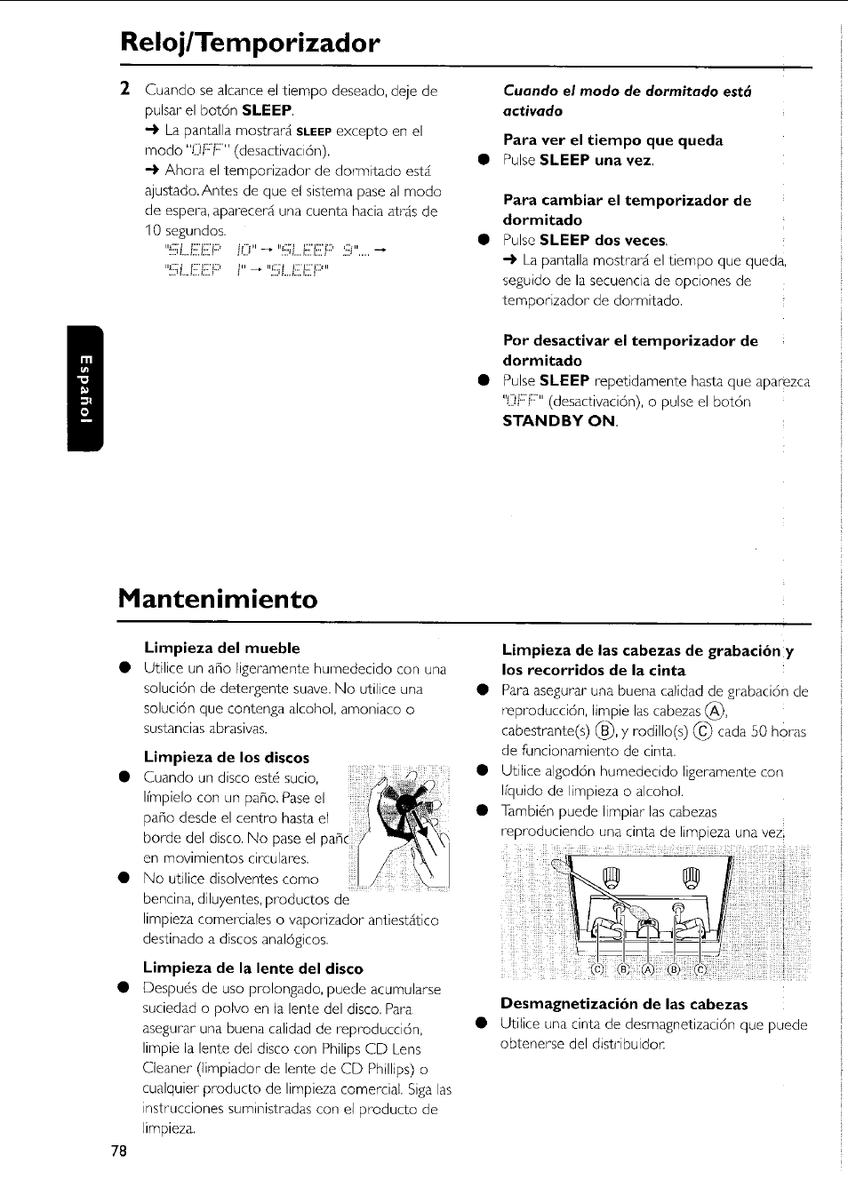 Para ver el tiempo que queda • pu se sleep una vez, Para cambiar el temporizador de dormitado, 9 pu se sleep dos veces | Por desactivar el temporizador de dormitado, Mantenimiento, Limpieza del mueble, Desmagnetización de las cabezas, Reloj/temporizador | Philips MC5037 User Manual | Page 78 / 84