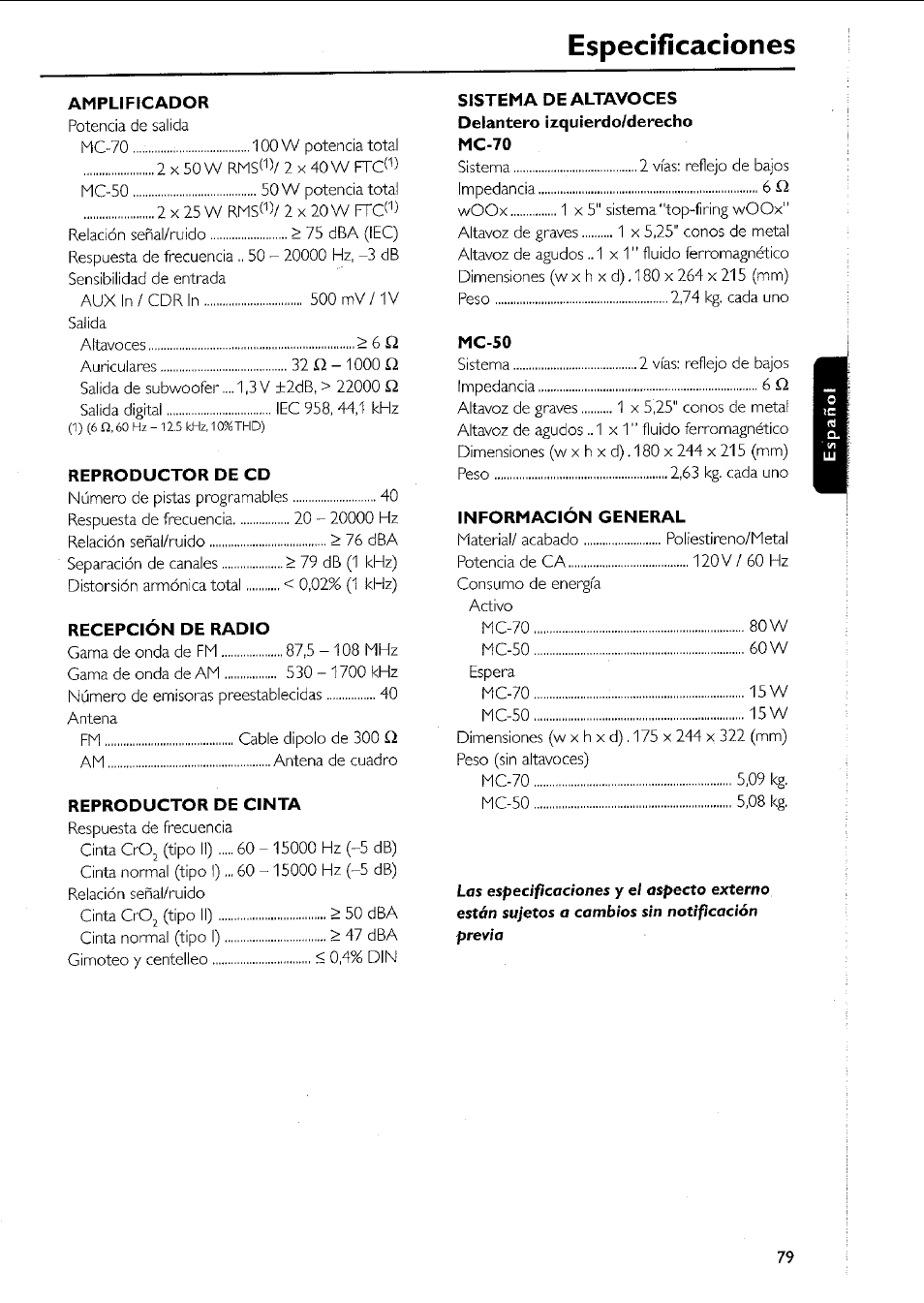 Especificaciones | Philips MC5037 User Manual | Page 79 / 84