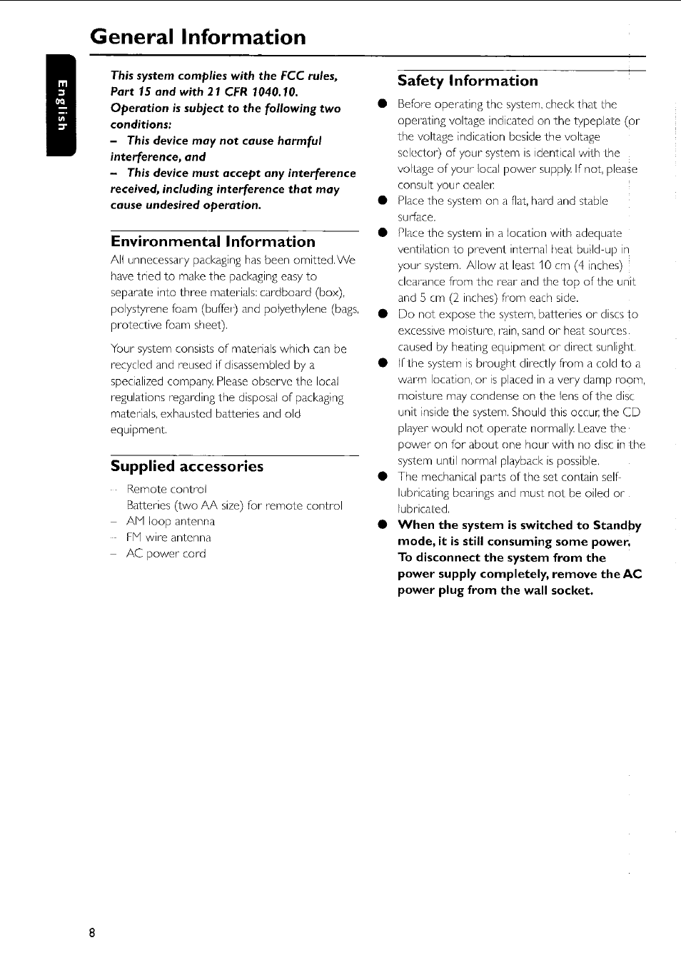 General information, Environmental information, Supplied accessories | Safety information | Philips MC5037 User Manual | Page 8 / 84