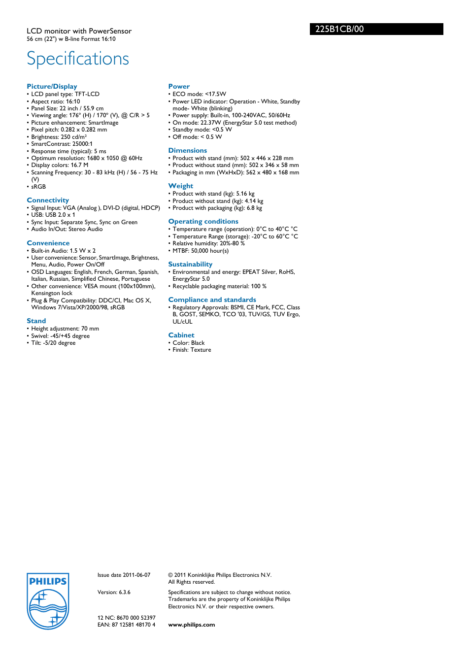 Specifications | Philips 225B1CB-00 User Manual | Page 3 / 3