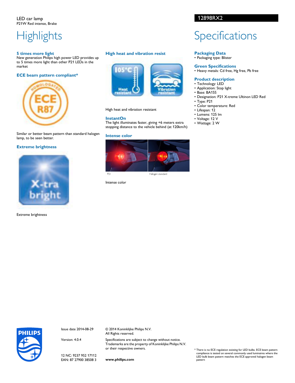 Highlights, Specifications | Philips 12898RX2 User Manual | Page 2 / 2