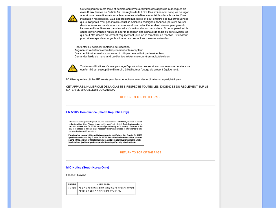 En 55022 compliance (czech republic only), Mic notice (south korea only) | Philips 220C1SW-00 User Manual | Page 19 / 107