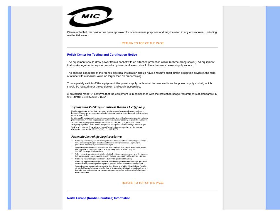 Polish center for testing and certification notice, North europe (nordic countries) information | Philips 220C1SW-00 User Manual | Page 20 / 107