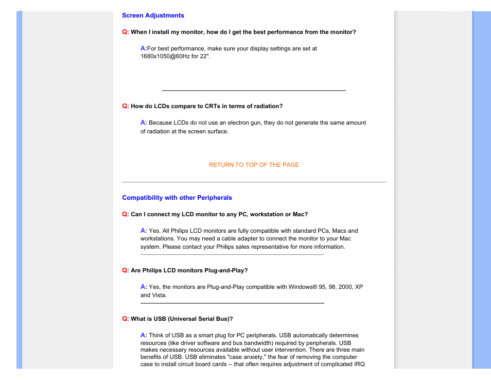 Screen adjustments, Compatibility with other, Peripherals | Philips 220C1SW-00 User Manual | Page 7 / 107