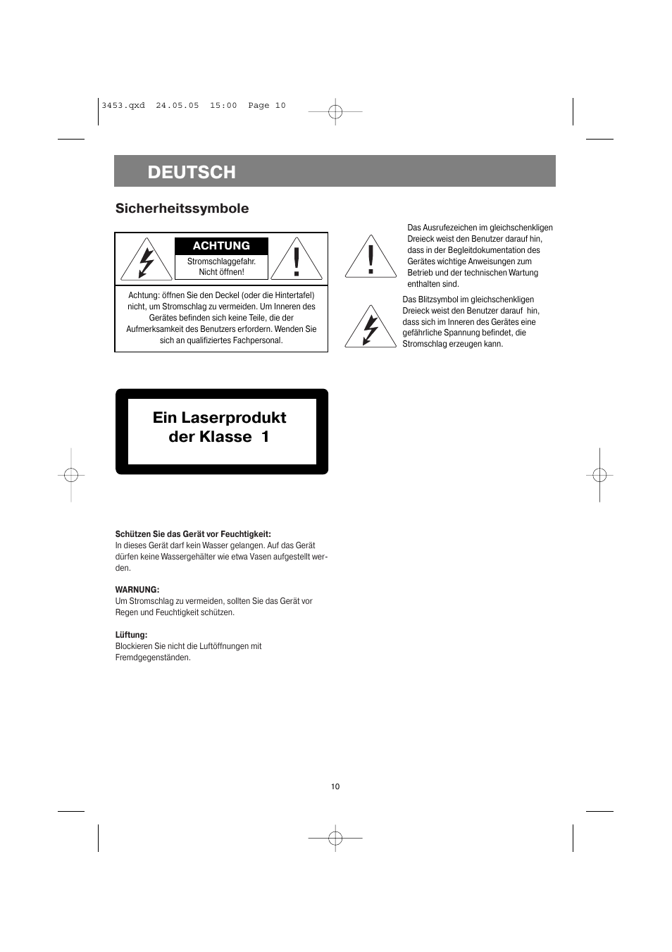 Deutsch, Ein laserprodukt der klasse 1, Sicherheitssymbole | Vitek VT-3453 User Manual | Page 10 / 28