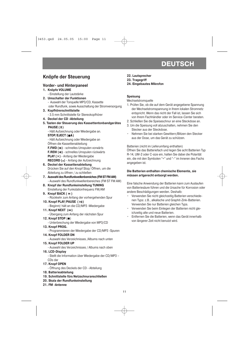 Deutsch, Knöpfe der steuerung, Vorder- und hinterpaneel | Vitek VT-3453 User Manual | Page 11 / 28