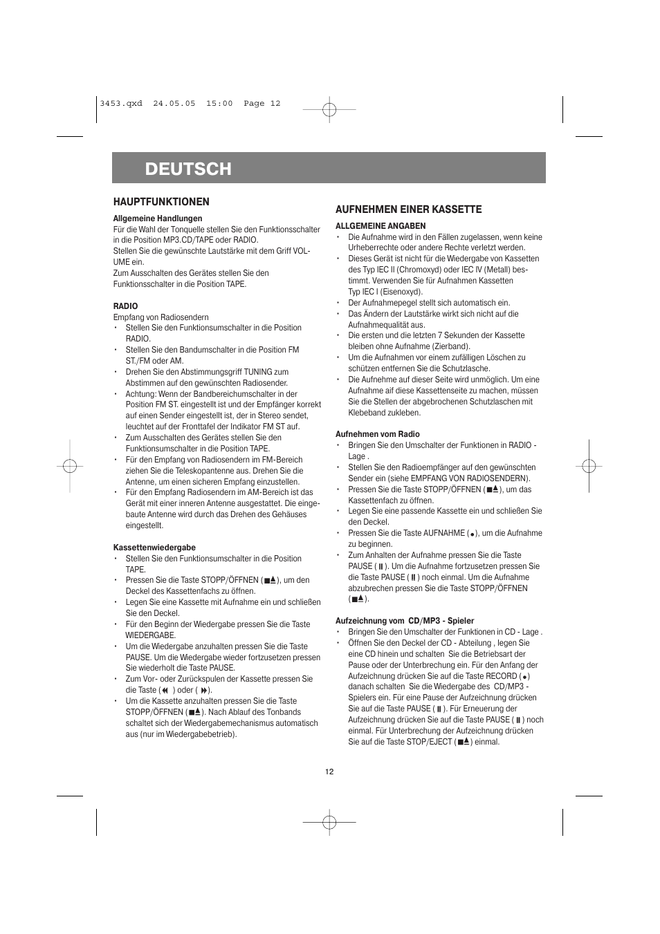 Deutsch, Hauptfunktionen, Aufnehmen einer kassette | Vitek VT-3453 User Manual | Page 12 / 28
