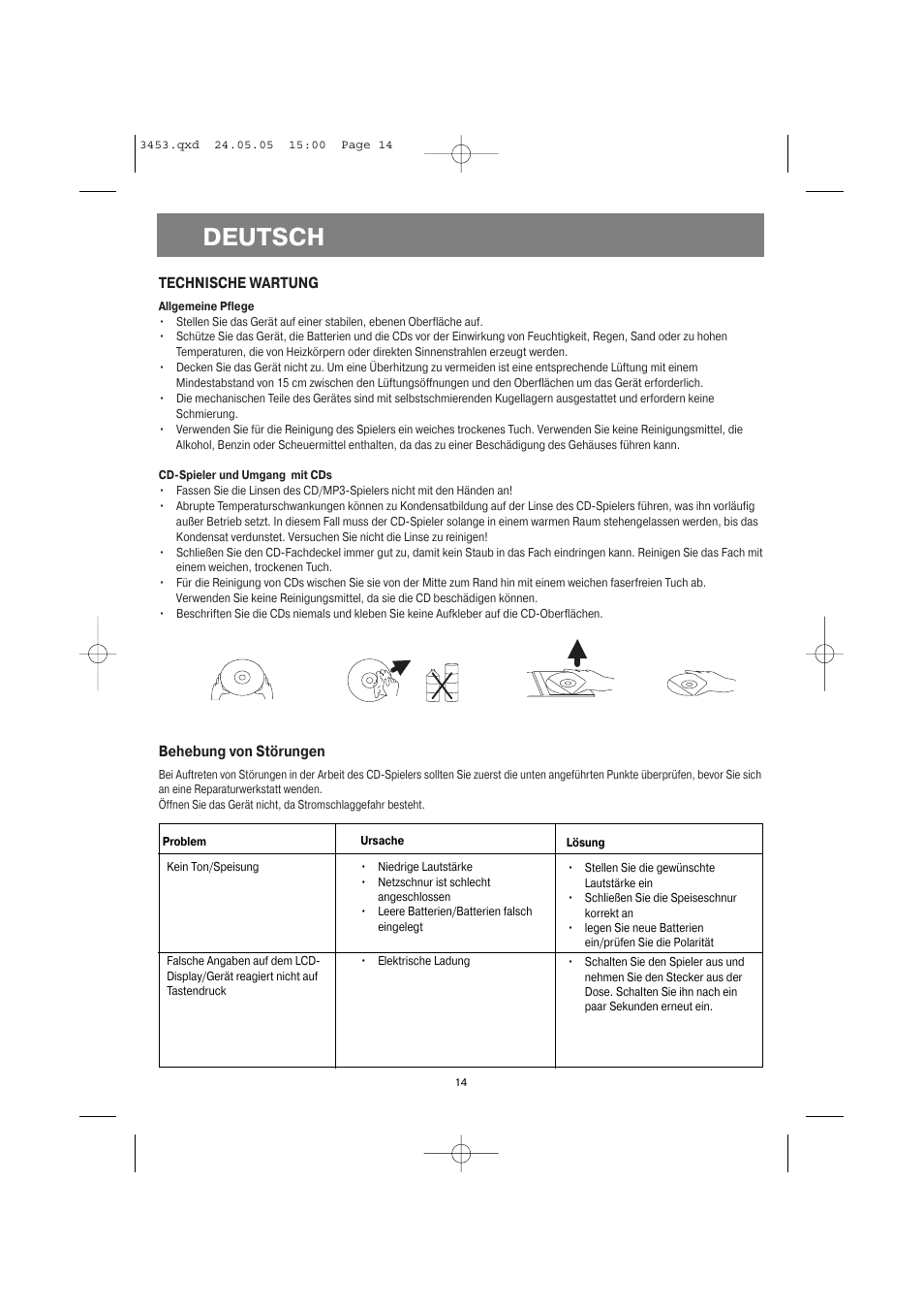 Deutsch, Technische wartung, Behebung von störungen | Vitek VT-3453 User Manual | Page 14 / 28