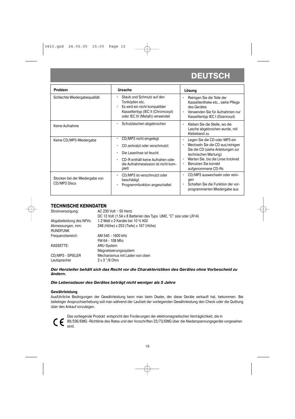 Deutsch, Technische kenndaten | Vitek VT-3453 User Manual | Page 15 / 28