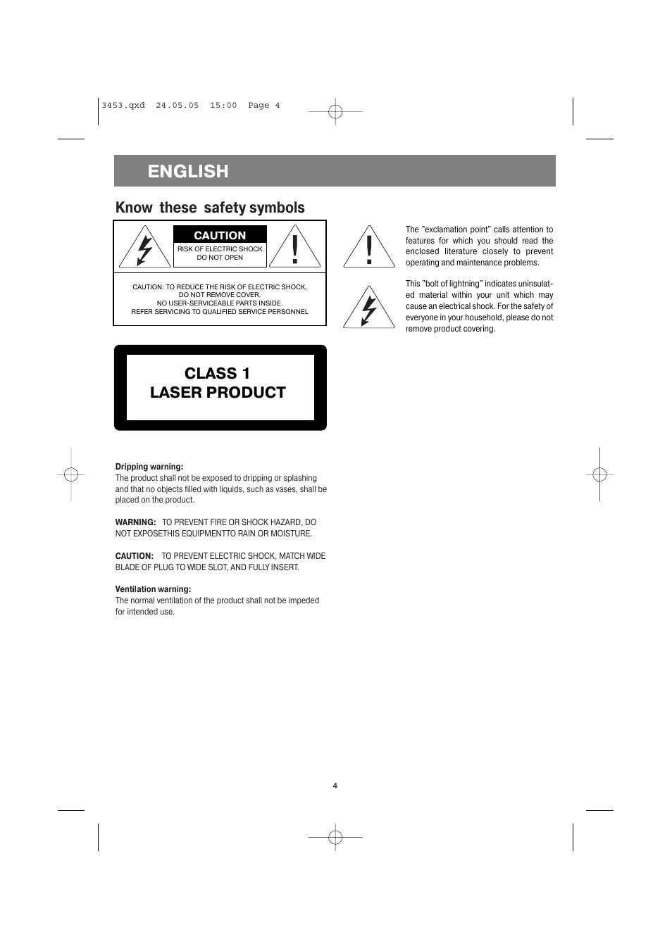 English, Know these safety symbols, Class 1 laser product | Vitek VT-3453 User Manual | Page 4 / 28