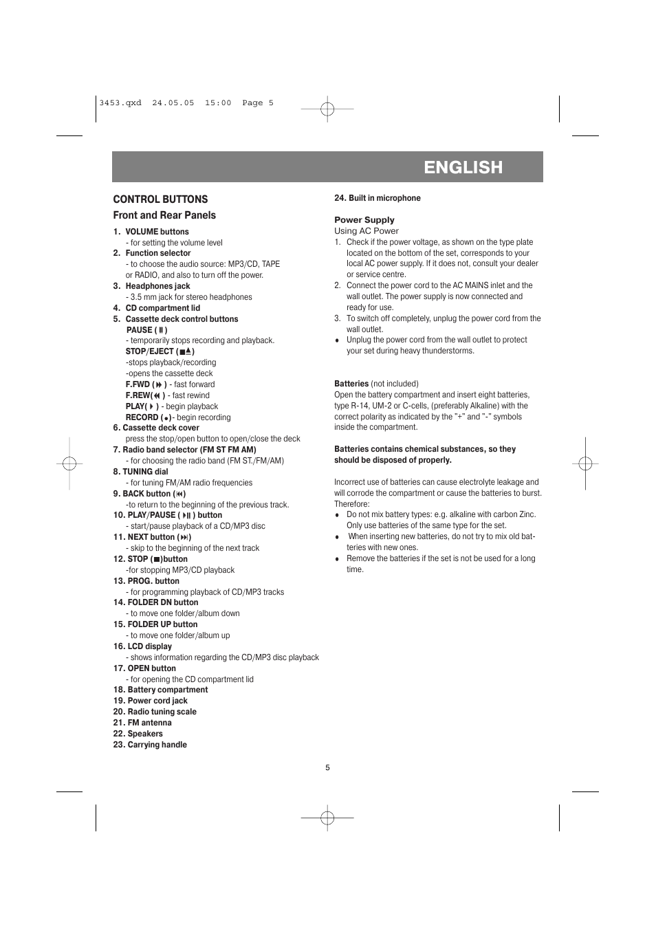 English, Control buttons front and rear panels | Vitek VT-3453 User Manual | Page 5 / 28