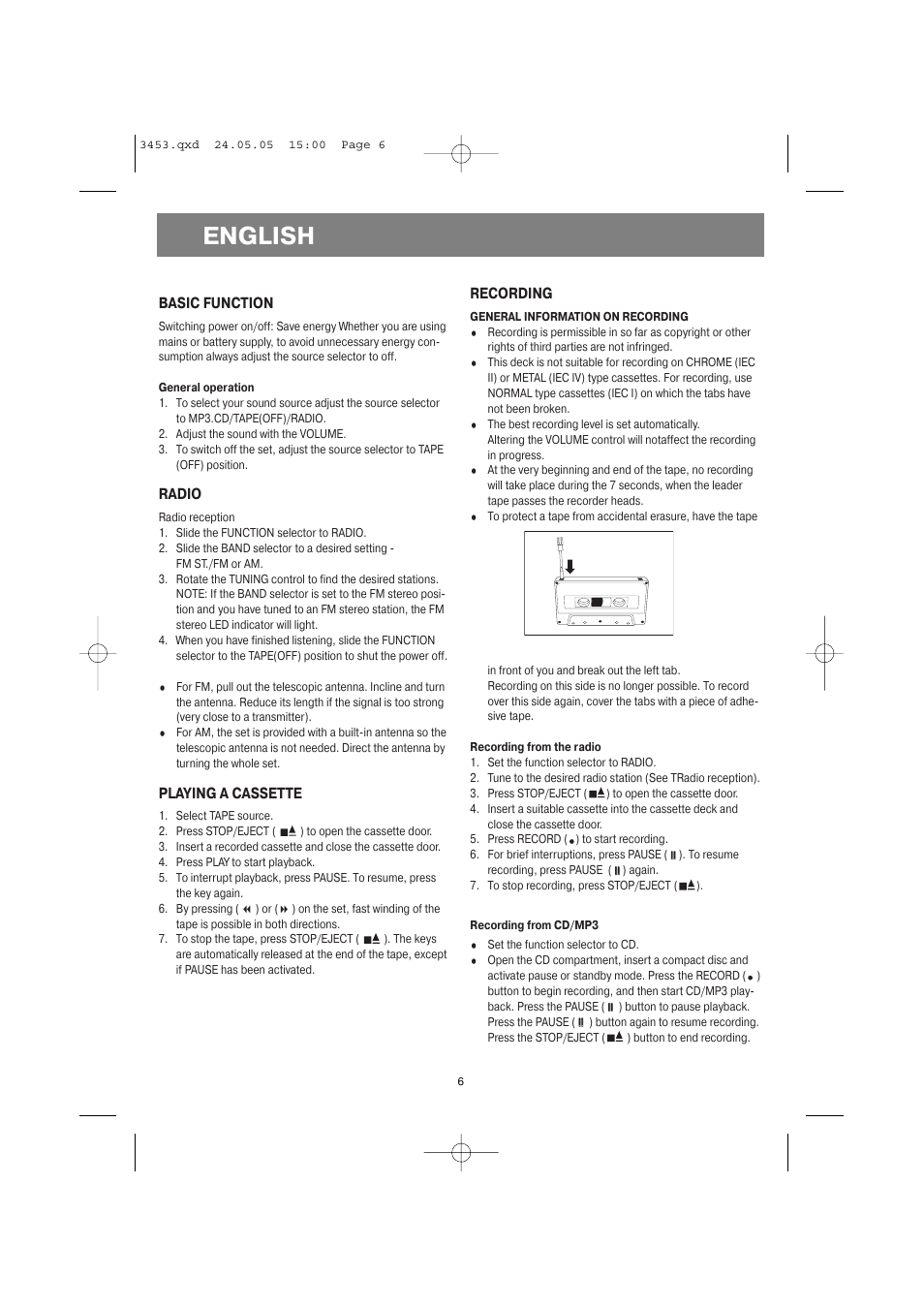 English, Basic function, Radio | Playing a cassette, Recording | Vitek VT-3453 User Manual | Page 6 / 28