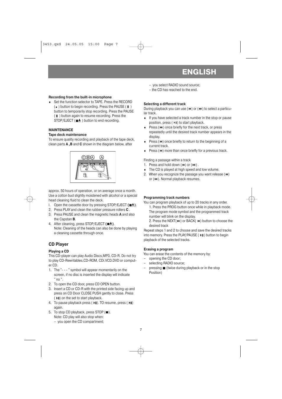 English, Cd player | Vitek VT-3453 User Manual | Page 7 / 28
