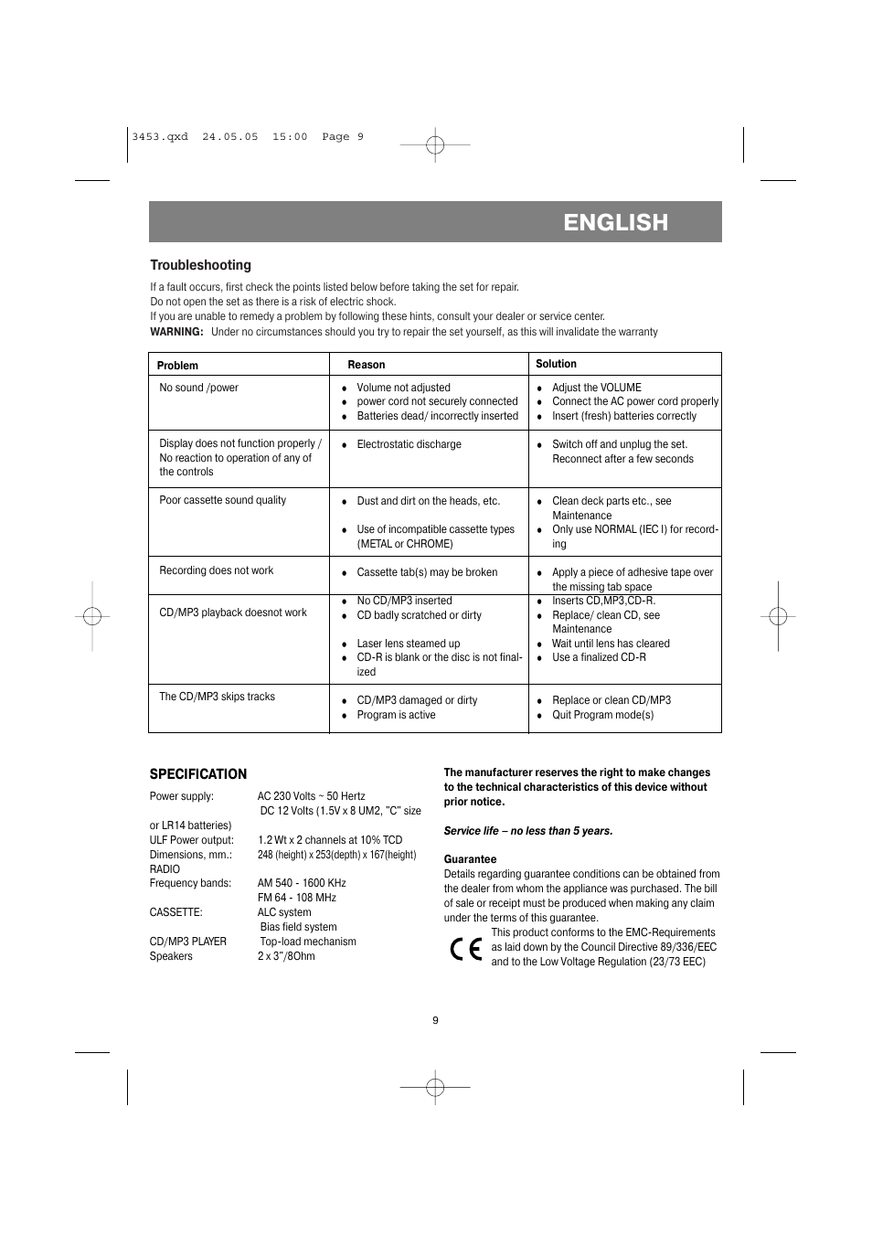 English, Troubleshooting, Specification | Vitek VT-3453 User Manual | Page 9 / 28