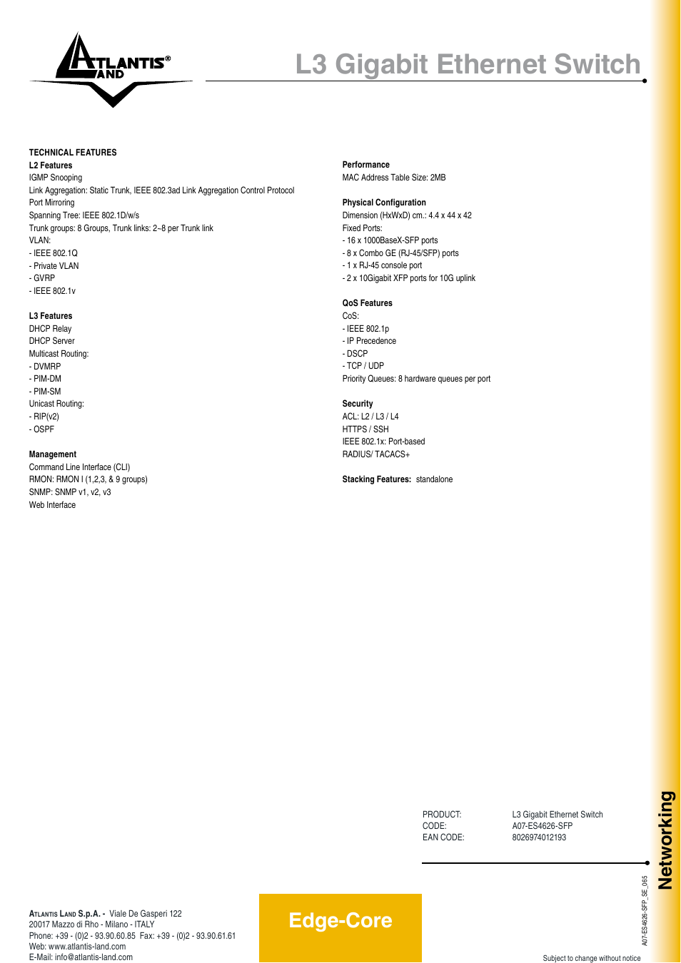 L3 gigabit ethernet switch, Edge-core, Networking | Atlantis Land A07-ES4626-SFP User Manual | Page 2 / 2