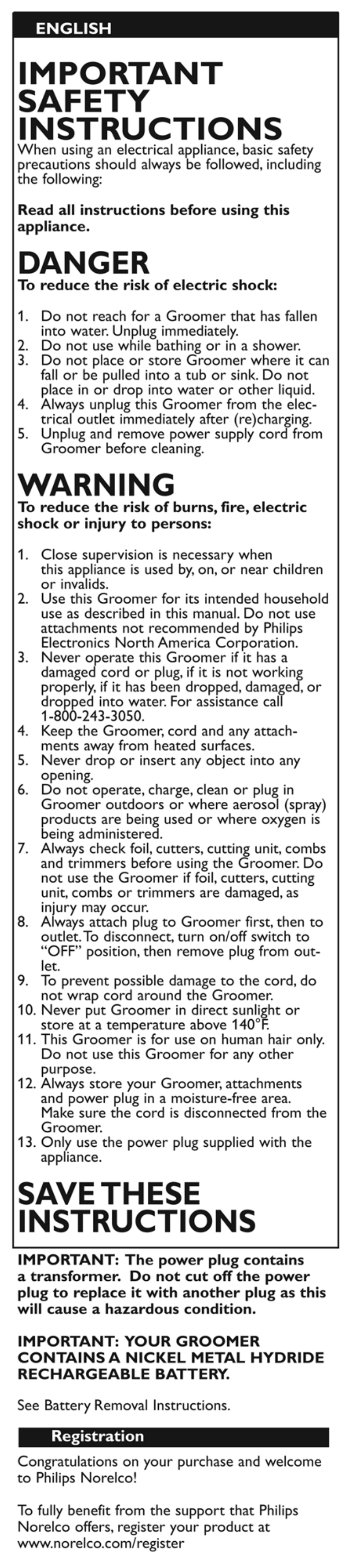 Important, Safety, Instructions | Danger, Warning, Savethese instructions, Important safety instructions | Philips QG3260-41 User Manual | Page 2 / 12