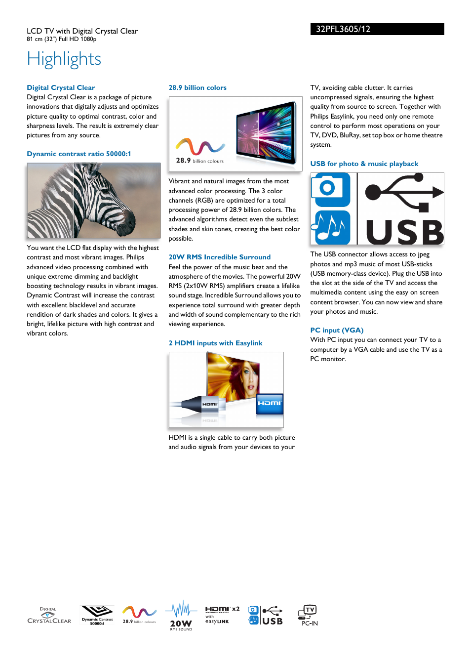Highlights | Philips 32PFL3605-12 User Manual | Page 2 / 3