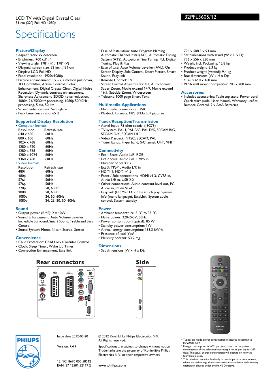 Specifications | Philips 32PFL3605-12 User Manual | Page 3 / 3