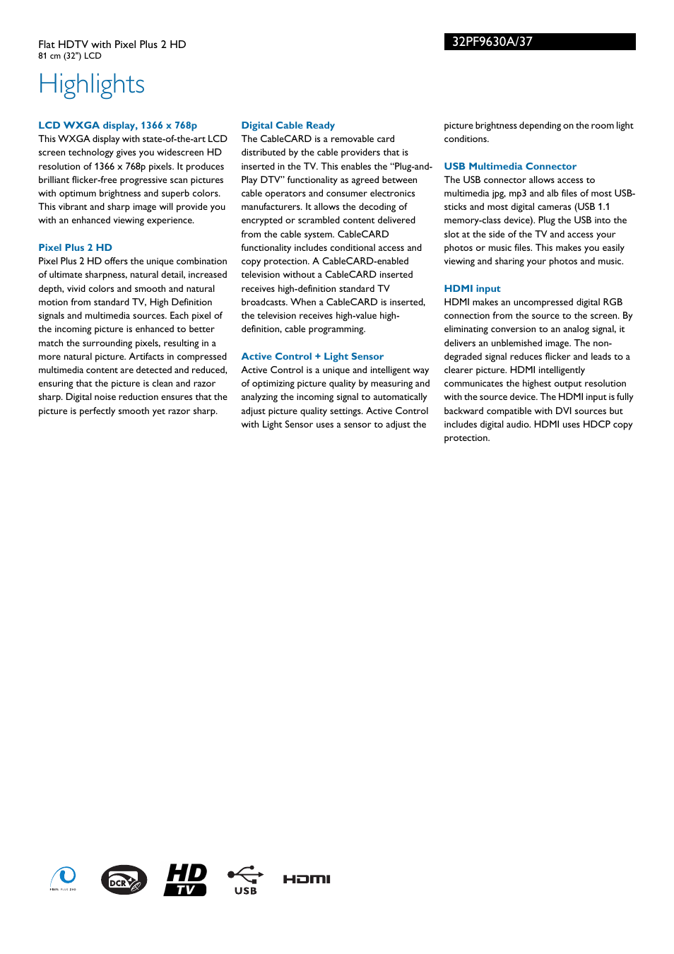 Highlights | Philips 32PF9630A-37B User Manual | Page 2 / 3