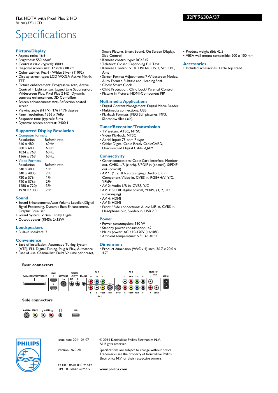 Specifications | Philips 32PF9630A-37B User Manual | Page 3 / 3